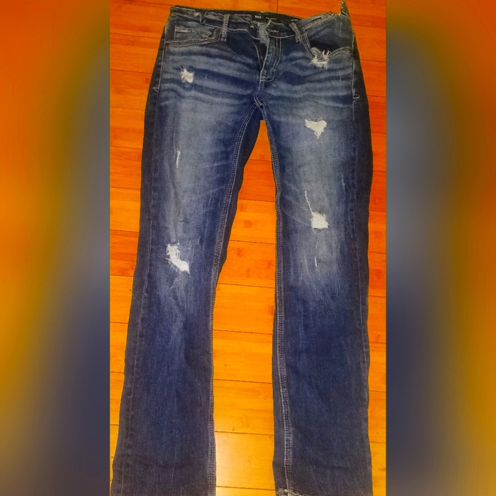 BKE Mens Jake Straight Leg Distressed Dark Blue Jeans